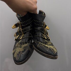 Chloe Black and Gold Buckle Ankle Boots